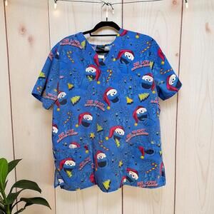 Vintage Women's Large Blue Cookie Monster Christmas Print Scrub Top Holiday